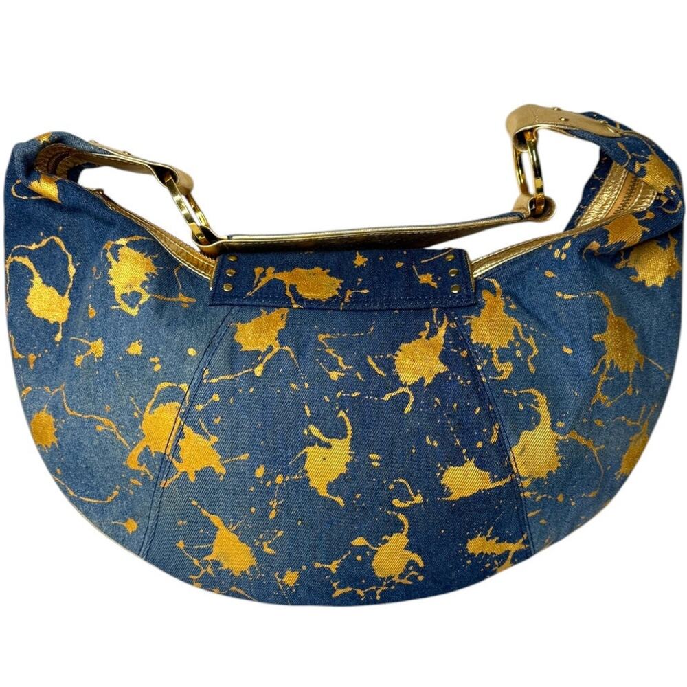 Y2K Denim & Gold Metallic Shoulder Bag Boho Glam Streetwear Purse - Picture 15 of 16